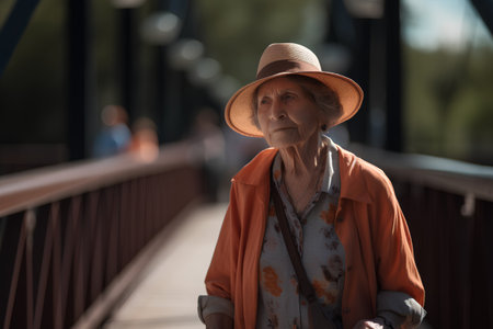 Portrait of an elderly woman in a hat on the bridge.の素材