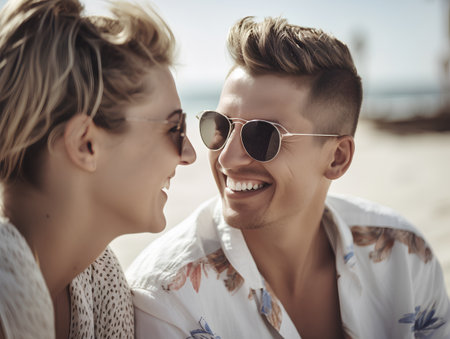 Portrait of happy young couple in sunglasses on the beach looking at each otherの素材