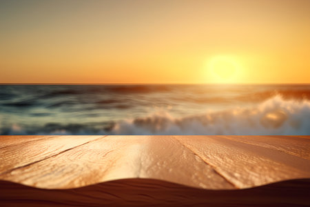 Wooden table with sea and sunset background. Collage. Toned.の素材