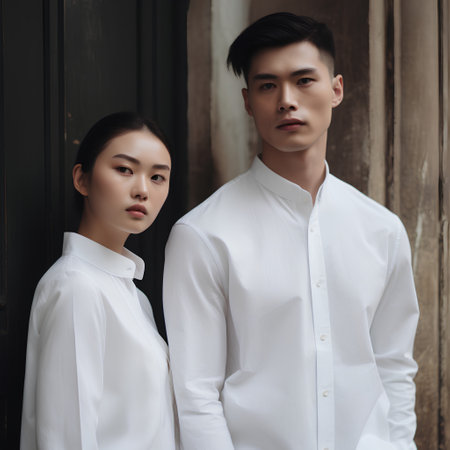 young asian man and woman in white shirt looking at camera while standing outdoorsの素材