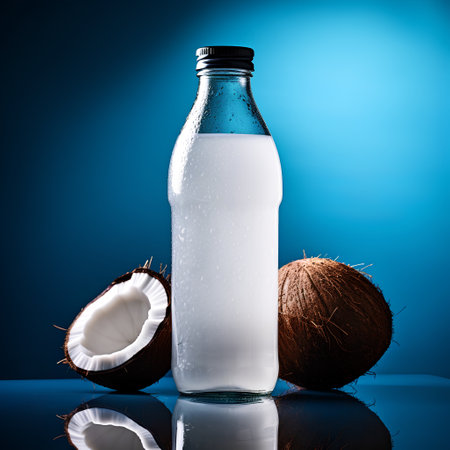 Coconut milk in bottle with coconuts on blue backgroundの素材