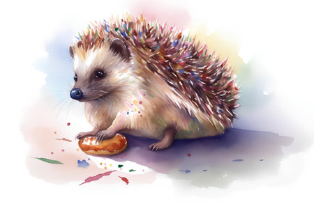 Watercolor hedgehog with a donut on a white background.の素材