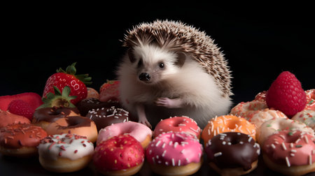 Cute little hedgehog among donuts on a black background.の素材