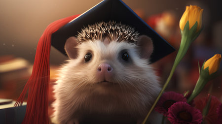 Hedgehog with graduation cap and flowers. 3d rendering.の素材
