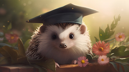 Hedgehog in the hat of a graduate on the background of flowersの素材