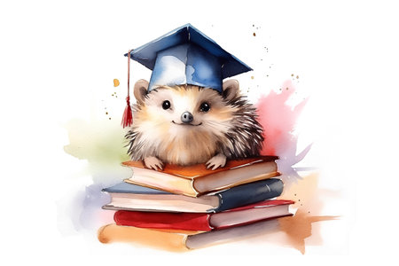 Watercolor illustration of a cute hedgehog in graduation cap and booksの素材