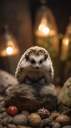 Hedgehog sitting on a rock in a dark room with candlesの素材