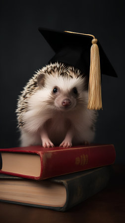 Hedgehog with graduation cap and books on a dark background.の素材