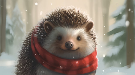 Cute hedgehog in a red scarf in the winter forest.の素材