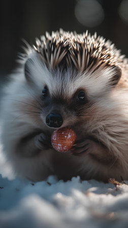 hedgehog in the snow with an orange ball in his mouthの素材
