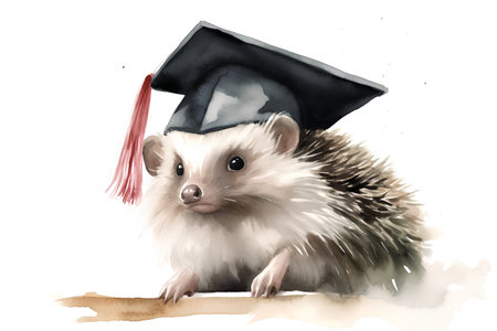 Hedgehog in graduation cap. Watercolor illustration on white backgroundの素材