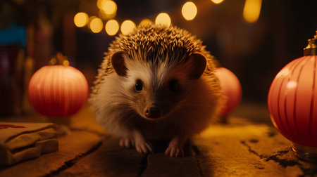 Hedgehog in the form of a hedgehog on the background of Christmas lightsの素材