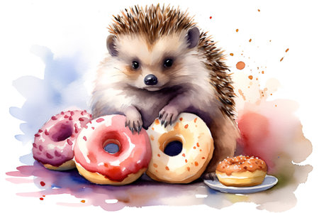 Hedgehog with donuts. Watercolor illustration on white backgroundの素材