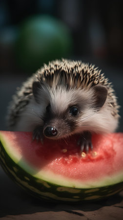 hedgehog eating watermelon. Close-up. Selective focus.の素材