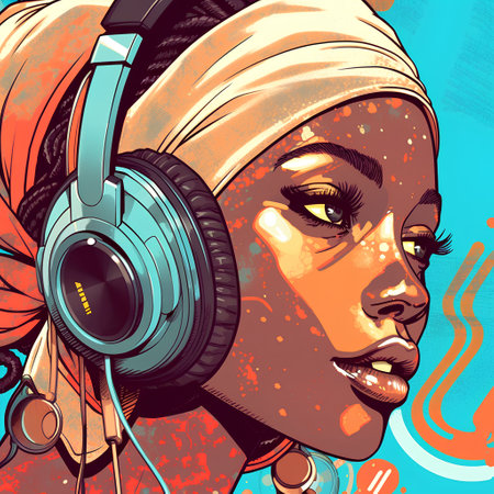 Portrait of beautiful african american woman with headphones. Vector illustration.の素材