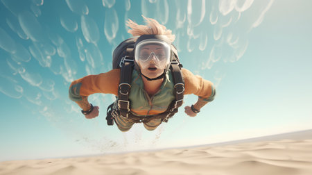 Young woman skydiver in helmet and goggles flying in the desertの素材