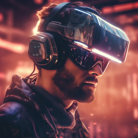 Portrait of a man wearing virtual reality goggles. 3d rendering.の素材