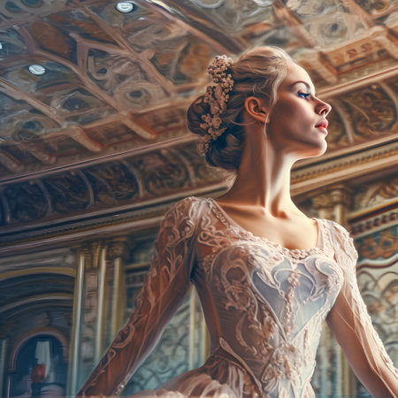 Beautiful young woman in white wedding dress posing in the interior of the old castle.の素材