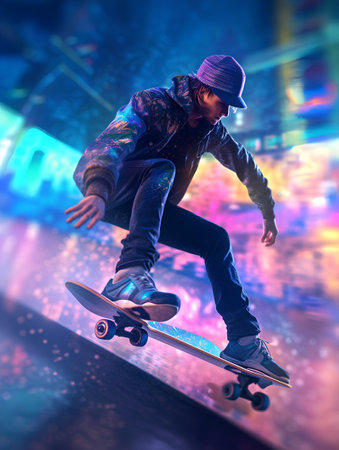 Skateboarder doing tricks on a skateboard in front of a colorful background.の素材