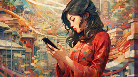 Beautiful young woman using smartphone in the city. Digital illustration.の素材