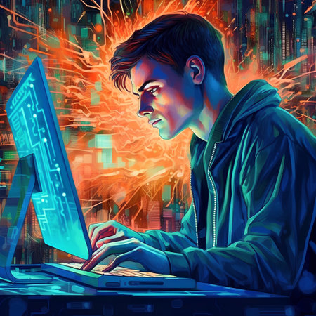 Computer hacker with a laptop in front of an abstract background. Vector illustration.の素材