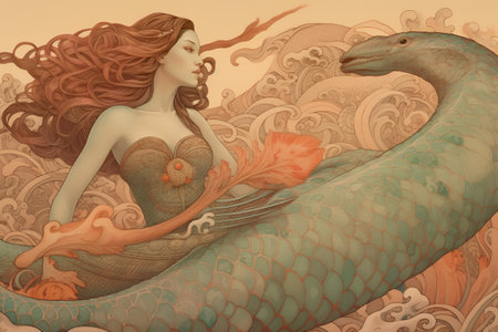 Beautiful mermaid with red hair and big fish. Hand drawn illustration.の素材