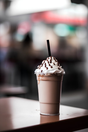 Iced chocolate with whipped cream in a glass on the table.の素材