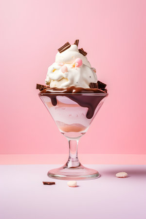 Vanilla ice cream with chocolate and marshmallow in glass on pink backgroundの素材