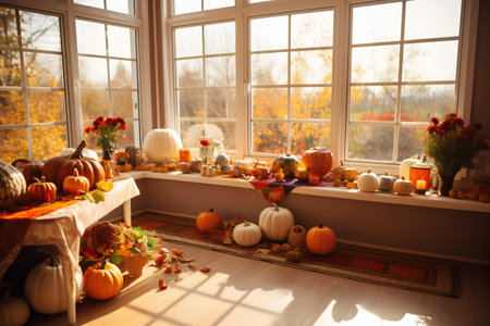 Halloween home decoration with pumpkins, autumn leaves and flowers.の素材
