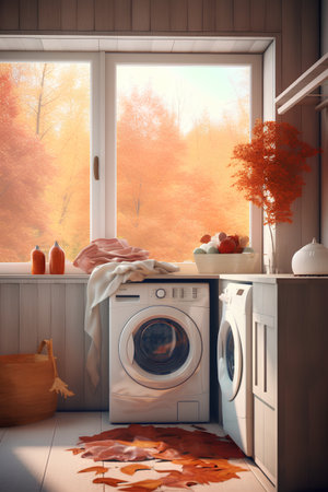 Laundry room with washing machine and autumn leaves. 3d renderの素材