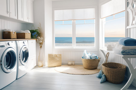 Laundry room with wicker baskets, washing machine and towels. 3d renderingの素材