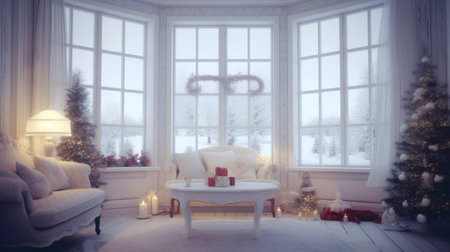 Christmas interior. Christmas tree, gifts, fireplace. 3d renderの素材