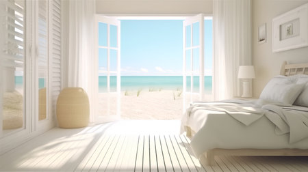 3d render of a bedroom with a view of the beach and the seaの素材