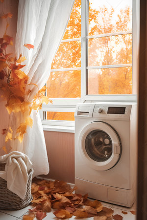 Laundry room with washing machine and basket of autumn leaves.の素材