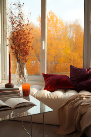 Cozy living room interior with a large window, a sofa, a book and autumn leaves.の素材