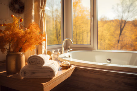 Bathroom interior with bathtub, towel and flower in vaseの素材