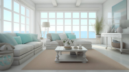 Interior of modern living room with sea view. 3D renderの素材