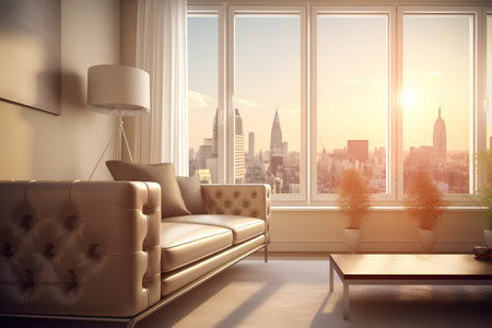 Luxury living room interior with a leather sofa and a coffee table. 3d renderの素材