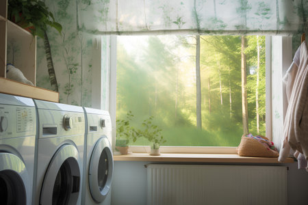 Laundry room interior with washing machine, window and green plantsの素材