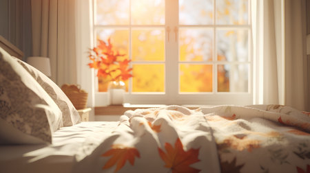 Autumn morning. Comfortable bed with warm plaid and maple leaves in sunny roomの素材