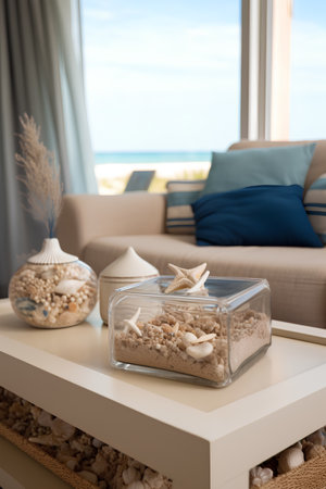 Decorated living room with coffee table, sofa and sea viewの素材