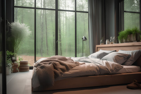 Modern bedroom interior design with wooden bed and window overlooking the forest. 3D Renderingの素材