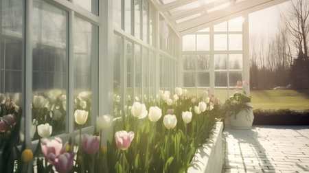 Tulips in a glass greenhouse with sunlight. Spring landscape.の素材