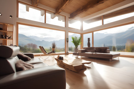 Interior of a modern living room with a view of the mountainsの素材