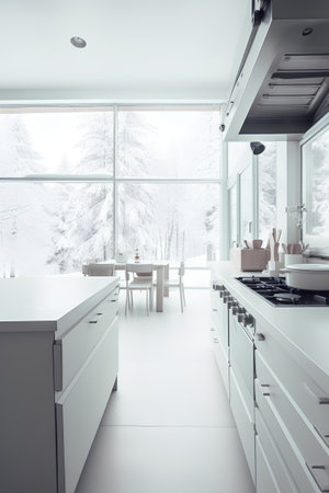 interior of modern kitchen with white walls, white countertops and wooden cupboardsの素材
