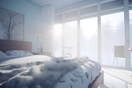 Bedroom interior in the morning light. 3d rendering mock upの素材