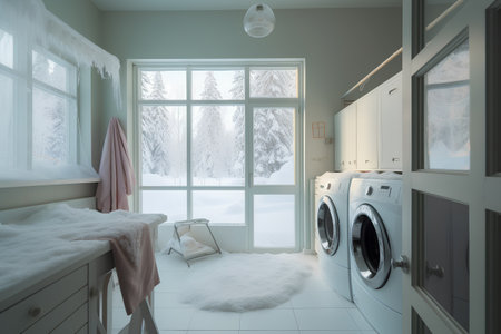 Laundry room with washing machine in winter, 3d renderの素材