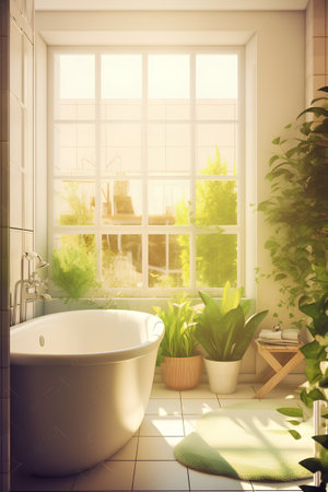 Modern bathroom interior with a bathtub and a large window. 3d renderの素材