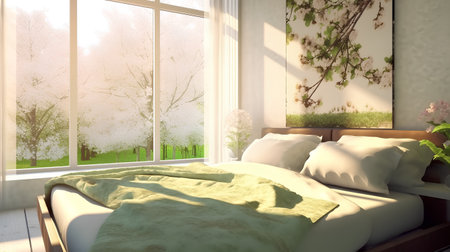 Bedroom interior with a view of the garden. 3d renderの素材