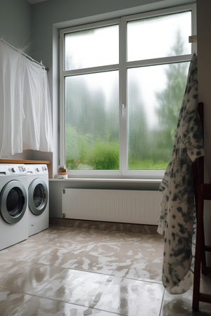 Laundry room interior with washing machine and window. 3d renderの素材